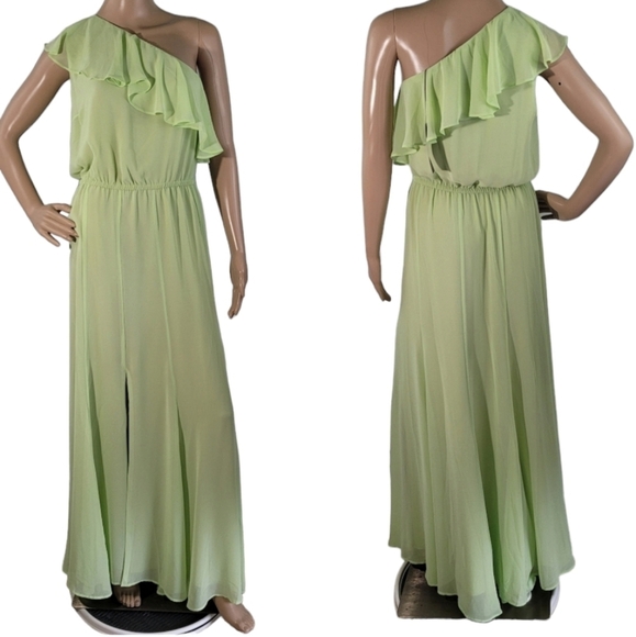 Eva Mendez X NY&C Green One-Shoulder Maxi Dress Sz XS Ruffled Front Slit Brat - Picture 1 of 12